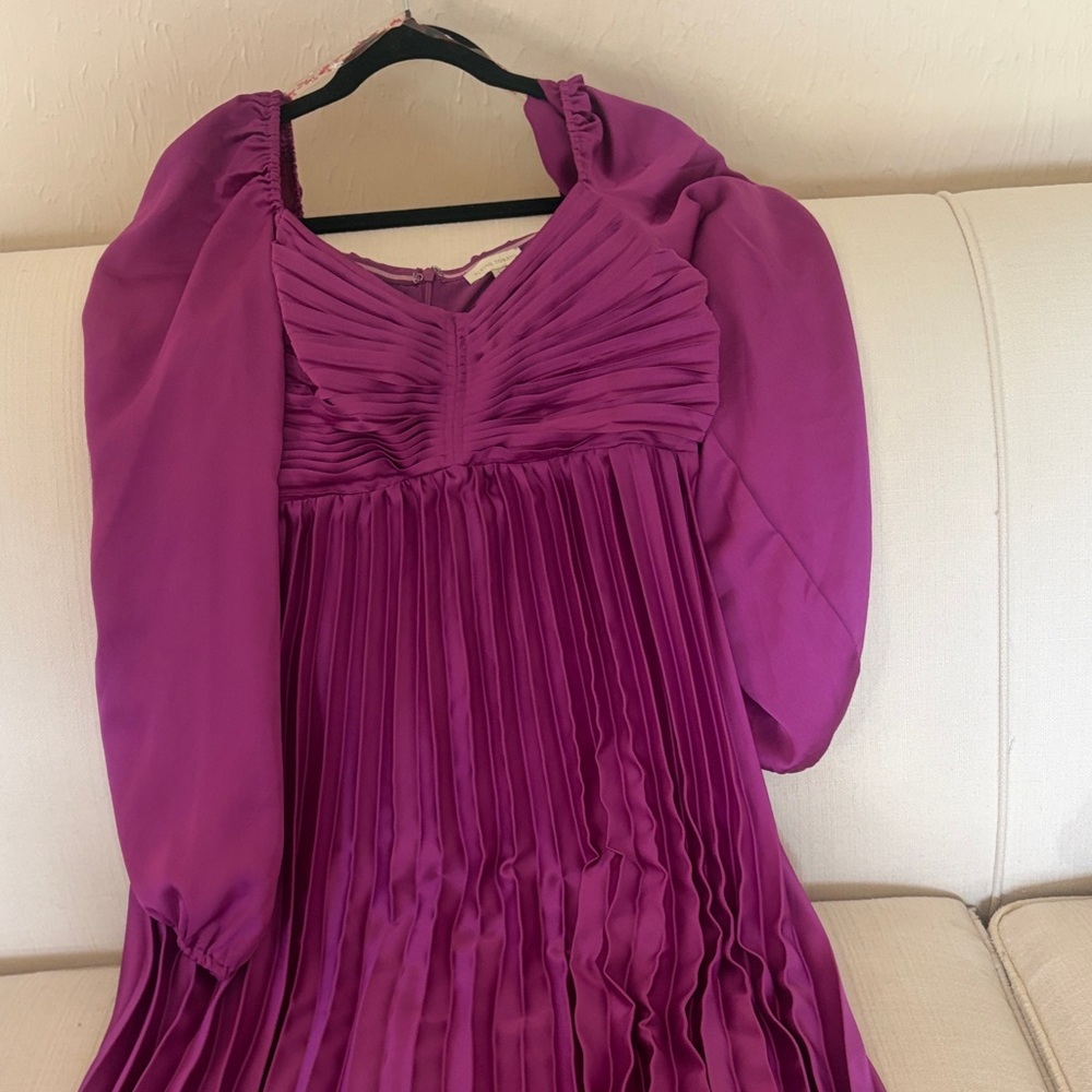 Pleated Magenta Puff-Sleeve Dress